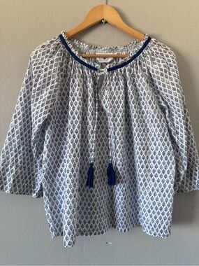 Pomegranate Bohemian Cotton Blue and White Printed Peasant Top w/ Tassel Tie